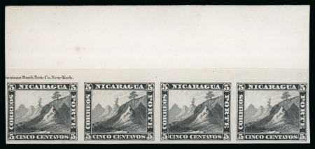 Stamp of Nicaragua 1862, 5c black, plate proof in the issued colour featuring strip of four 