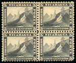 Stamp of Nicaragua 1862, 2c blue, horizontal block of eight, unused without gum, and 5c black mint block of four 