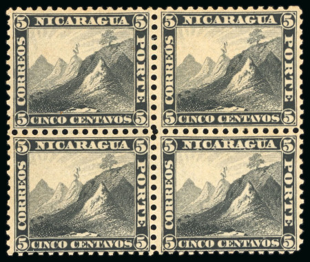 Stamp of Nicaragua 1862, 2c blue, horizontal block of eight, unused without gum, and 5c black mint block of four