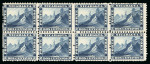 Stamp of Nicaragua 1862, 2c blue, horizontal block of eight, unused without gum, and 5c black mint block of four 