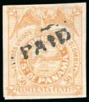 Stamp of Panama 1878, 50c buff, second printing plate, very thin wove paper, bogus cancel
