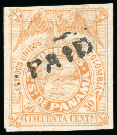 Stamp of Panama 1878, 50c buff, second printing plate, very thin wove paper, bogus cancel