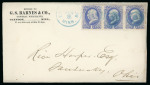 Stamp of United States » 1870-75 National Bank Note Co. and Continental Bank Note Co. Issues 1870, Franklin, 1c ultramarine, strip of three, on cover