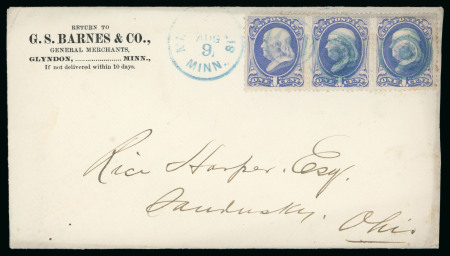 Stamp of United States » 1870-75 National Bank Note Co. and Continental Bank Note Co. Issues 1870, Franklin, 1c ultramarine, strip of three, on cover