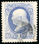 Stamp of United States » 1870-75 National Bank Note Co. and Continental Bank Note Co. Issues 1870, Franklin, 1c ultramarine, lightly cancelled