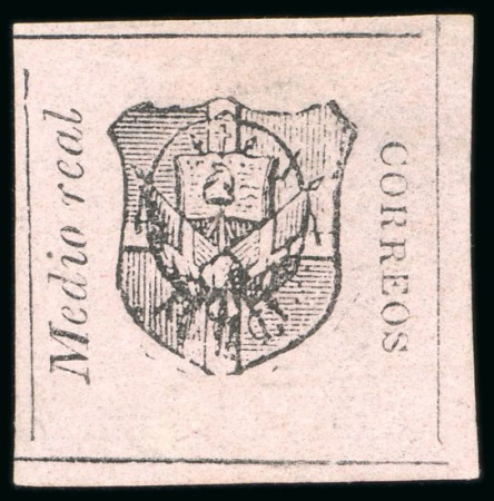 Stamp of Dominican Republic 1865, 1/2r black on rose, position 12, unused without gum
