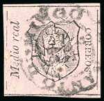 Stamp of Dominican Republic 1865, 1/2r black on rose, position 9, wide margins