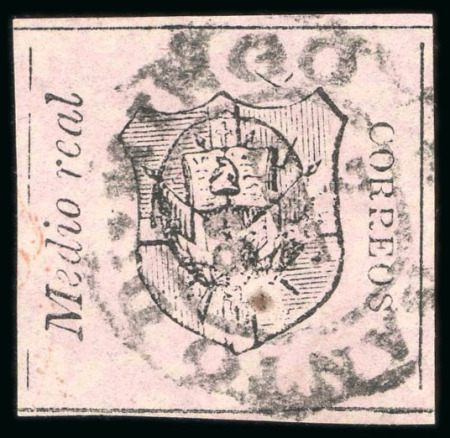 Stamp of Dominican Republic 1865, 1/2r black on rose, position 9, wide margins