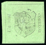 Stamp of Dominican Republic 1865, 1r black on deep green, position 1, unused without gum