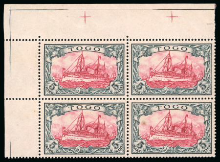 Stamp of Germany » German Colonies » Togo 1900, Kaiser's Yacht no wmk 5M in mint n.h. top left corner marginal block of four