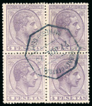 Stamp of Spain 1878, Alfonso XII 4p violet in used block of four