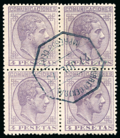 Stamp of Spain 1878, Alfonso XII 4p violet in used block of four