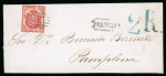 Stamp of Spain 1854 (Nov 1) 4cu carmine, close to good margins, neatly tied to large part wrapper on firt day of issue