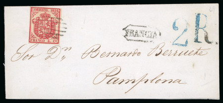 Stamp of Spain 1854 (Nov 1) 4cu carmine, close to good margins, neatly tied to large part wrapper on firt day of issue
