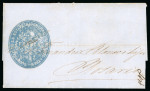 Stamp of Argentina 1858 entire from Buenos Ayres to Rosario, handstamped with large blue oval negative cachet