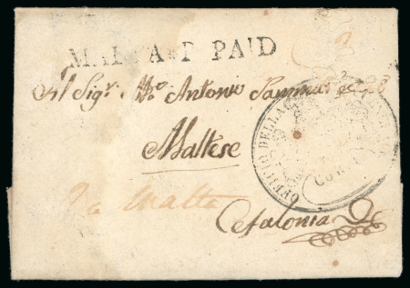 Stamp of Malta 1827 (Feb 15) entire sent to Cefalonia with scarce "MALTA * P PAID" straight-line hs