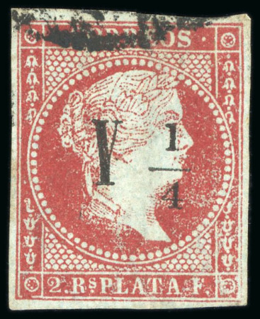Stamp of Cuba 1855, 1/4r on 2r carmine, type I, two well margined used examples