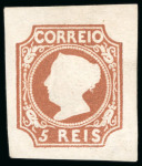 Stamp of Portugal 1853, First issue, 5r reddish-brown, mint embossed very fine example