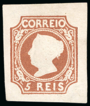 Stamp of Portugal 1853, First issue, 5r reddish-brown, mint embossed very fine example