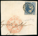 Stamp of Spain 1851, Isabel II 6r blue, good even margins, tied to piece by crisp barred oval