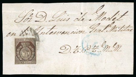 Stamp of Spain 1853, 1cu bronze, fine to good margins, tied to front