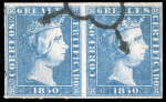 Stamp of Spain 1850, Isabel II 6r blue pair, fine to good margins,