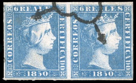 Stamp of Spain 1850, Isabel II 6r blue pair, fine to good margins,