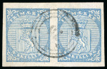 Stamp of Norway 1856, 4s blue, horizontal pair, good to very large