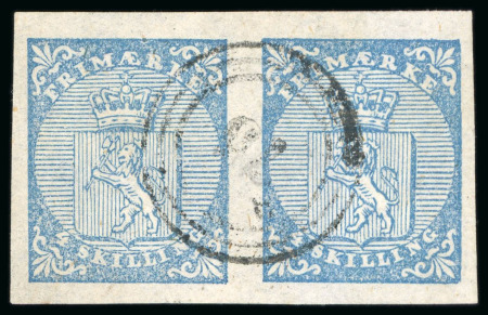 Stamp of Norway 1856, 4s blue, horizontal pair, good to very large