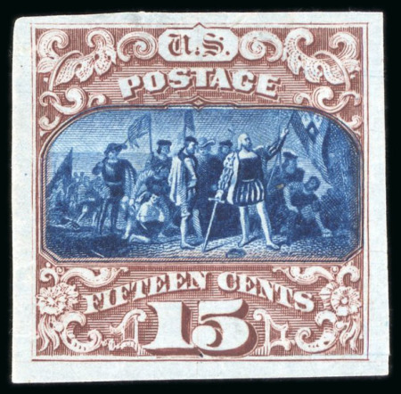 Stamp of United States » 1869 Pictoral Issue 1870, Landing of Columbus, 15c brown and blue, imperforate