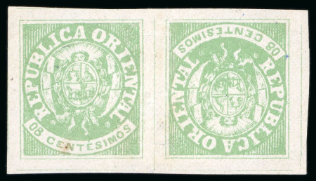 Stamp of Uruguay 1864, 8c green, tête-bêche pair, unused