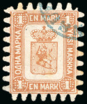 Stamp of Finland 1867, Three examples of the 1m yellow-brown type III,