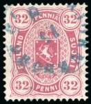 Stamp of Finland 1875, 32p lake Copenhagen printing, two used, one with