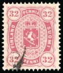 Stamp of Finland 1875, 32p lake Copenhagen printing, two used, one with