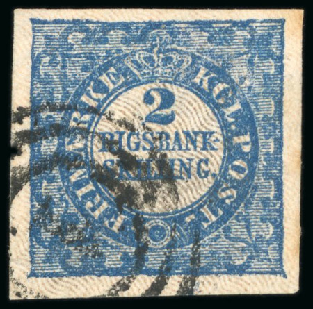 Stamp of Denmark 1851 2rbs blue, used with good to large margins, part
