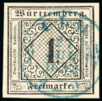 Stamp of German States » Wurttemberg 1851, 1kr black on yellow, type I, four large even