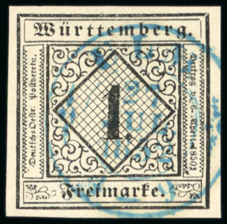 Stamp of German States » Wurttemberg 1851, 1kr black on yellow, type I, four large even