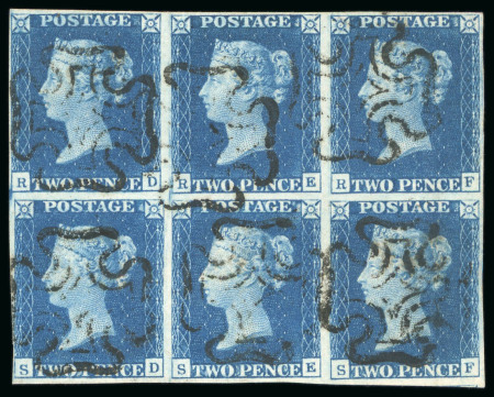 Stamp of Great Britain » 1840 2d Blue (ordered by plate number) 1840 2d. blue, RD-SF horizontal block of six, Pl. 2,