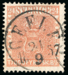 Stamp of Sweden 1855, 24sk orangish red, dense background, used