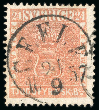 Stamp of Sweden 1855, 24sk orangish red, dense background, used