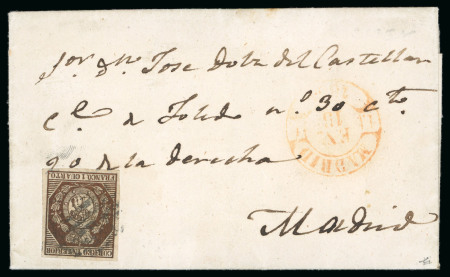 Stamp of Spain 1853, 1cu bronze, good margins to large margins, tied to 1854 entire sent internally in Madrid