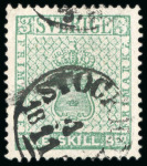 Stamp of Sweden 1855, 3sk light bluish-green, amazing extra fine centering with attractive large even margins