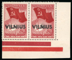 Stamp of Russia » German Occupation of Vilnius 1941, 80k dark brownish-red, with "Vilnius" overprint, a spectacular sheet corner mint n.h. pair