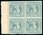 Stamp of German States » Bavaria 1850, 3kr blue, type II plate 5, superb mint n.h. with original gum marginal block of four, 