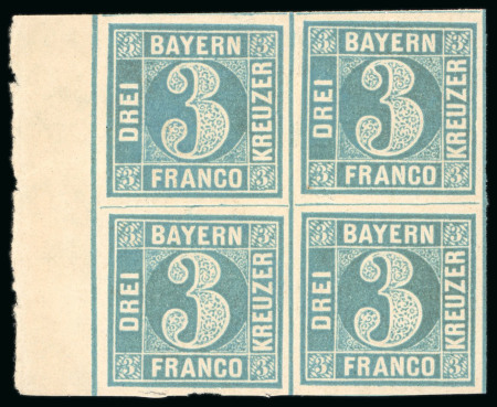 Stamp of German States » Bavaria 1850, 3kr blue, type II plate 5, superb mint n.h. with original gum marginal block of four, 