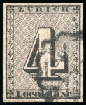Stamp of Switzerland / Schweiz » Kantonalmarken » Zürich 1843, 4 Rp. schwarz, senkrechte Untergrundlinien, gestempelt
