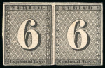 Stamp of Switzerland / Schweiz » Kantonalmarken » Zürich 1843, 6 Rp. schwarz mit waagrechten Untrgrundslinien im Originalgummi Paar
