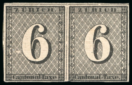 Stamp of Switzerland / Schweiz » Kantonalmarken » Zürich 1843, 6 Rp. schwarz mit waagrechten Untrgrundslinien im Originalgummi Paar