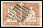 Stamp of Switzerland / Schweiz » Sitzende Helvetia Ungezähnt 1854, Münchner Druck, 3. Druckperiode, 5 Rp. braun, zwei Stücke auf Briefstück