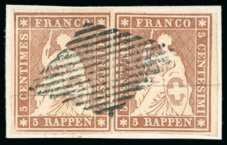 Stamp of Switzerland / Schweiz » Sitzende Helvetia Ungezähnt 1854, Münchner Druck, 3. Druckperiode, 5 Rp. braun, zwei Stücke auf Briefstück